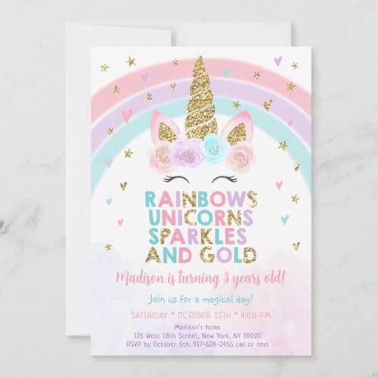 Unicorn Rainbow Sparkles Gold Birthday Kaart (Voorkant)