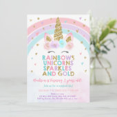 Unicorn Rainbow Sparkles Gold Birthday Kaart (Staand voorkant)