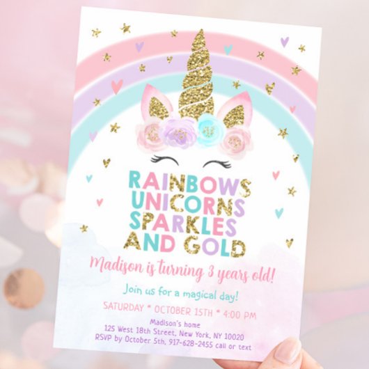 Unicorn Rainbow Sparkles Gold Birthday Kaart
