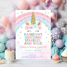 Unicorn Rainbow Sparkles Gold Birthday Kaart