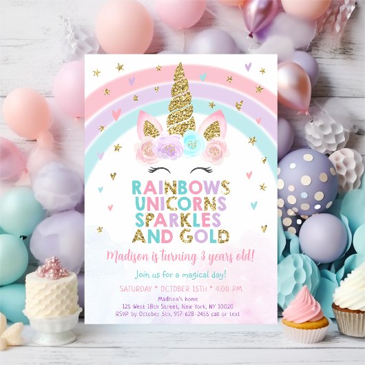 Unicorn Rainbow Sparkles Gold Birthday Kaart