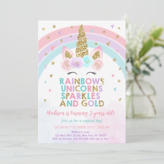 Unicorn Rainbow Sparkles Gold Birthday Kaart (Staand voorkant)