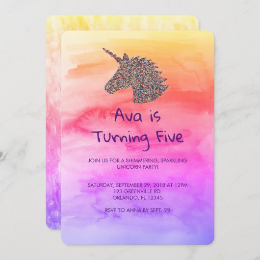 Unicorn Rainbow Sprinkles Birthday Uitnodiging (Voorkant / Achterkant)