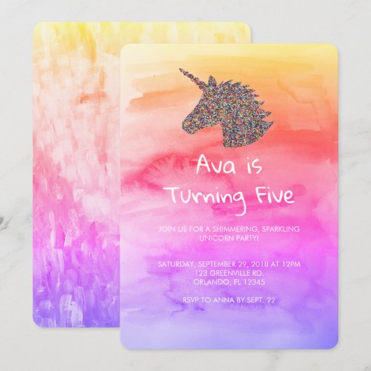 Unicorn Rainbow Sprinkles Birthday Uitnodiging (Voorkant / Achterkant)