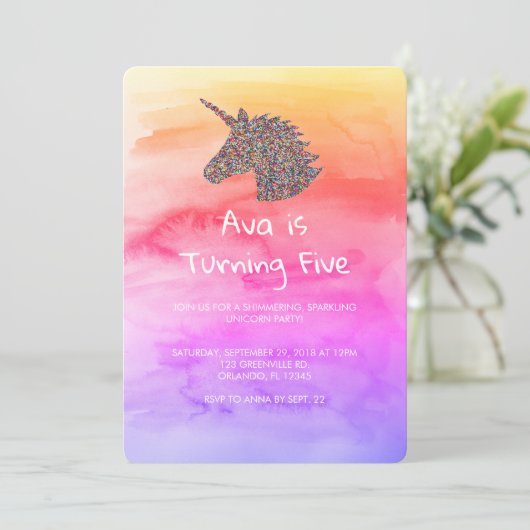 Unicorn Rainbow Sprinkles Birthday Uitnodiging (Staand voorkant)