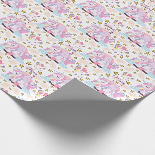 Unicorn Rainbow Stars Magische naam Birthday Cadeaupapier (Hoek)