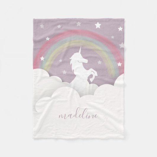 Unicorn Rainbow Stars Paarse Sky gepersonaliseerd Fleece Deken (Voorkant)