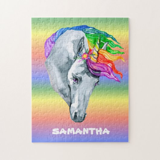 Unicorn Rainbow Waterverf Monogram Naam Legpuzzel (Verticaal)