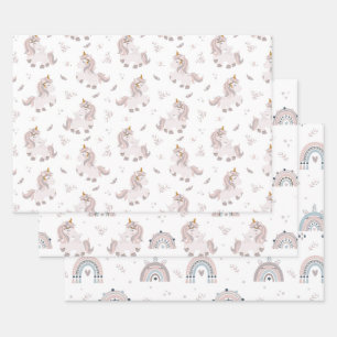 Unicorn Rainbows Boho Trendy Pink Grey Blue Inpakpapier Vel