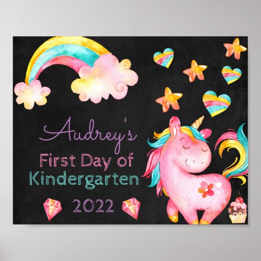 Unicorn & Rainbows Eerste dag van het schoolbord Poster (Voorkant)