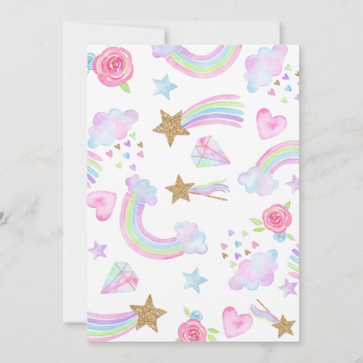 Unicorn rainbows verjaardagsuitnodiging waterverf kaart (Achterkant)