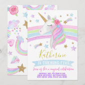 Unicorn rainbows verjaardagsuitnodiging waterverf kaart (Voorkant / Achterkant)
