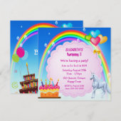 Unicorn, Regenboog & Cake Cute Birthday Party Invi Kaart (Voorkant / Achterkant)