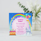 Unicorn, Regenboog & Cake Cute Birthday Party Invi Kaart (Staand voorkant)