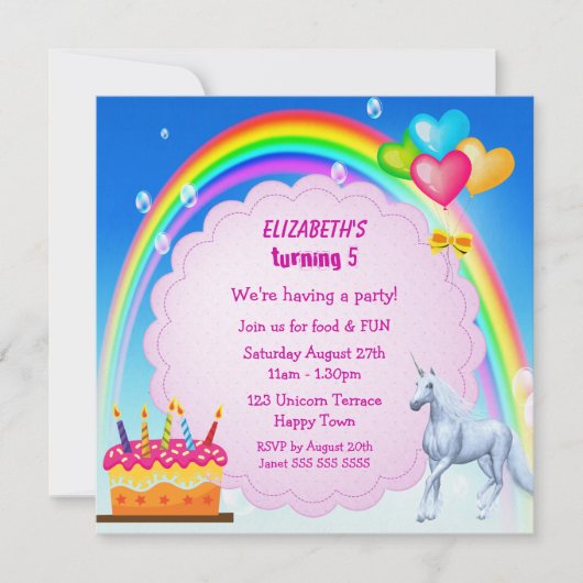 Unicorn, Regenboog & Cake Cute Birthday Party Invi Kaart (Voorkant)