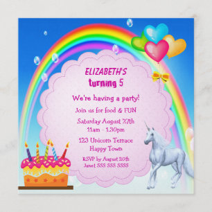 Unicorn, Regenboog & Cake Cute Birthday Party Invi Kaart