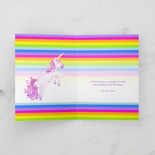Unicorn-regenboogkleurig 3e verjaardag kaart (Binnen)