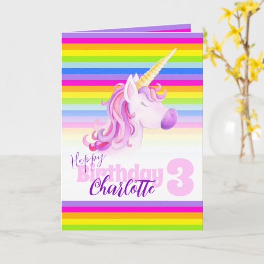Unicorn-regenboogkleurig 3e verjaardag kaart (Gele Bloem)