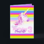 Unicorn-regenboogkleurig 3e verjaardag kaart<br><div class="desc">Whimsy unicorn-regenboogkaart 3rd Birthday. Pas deze kaart aan/personaliseer deze met uw eigen persoonlijke bericht aan de zijkant en naam aan de buitenkant. Unieke waterverf schilderkunst en design van Sarah Trett. www.sarahtrett.com voor www.mylittleeden.com op zazzle.</div>