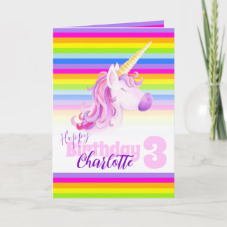 Unicorn-regenboogkleurig 3e verjaardag kaart