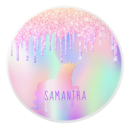 Unicorn regenbooglitter druipt meisje keramische knop (Voorkant)