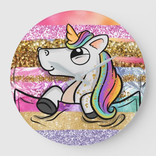 Unicorn regenbooglitter penseelstreken korrelig grote klok (Voorkant)