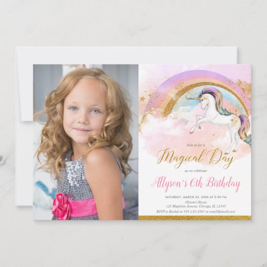 Unicorn regenboogroze goudpastelfoto kaart (Voorkant)