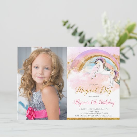 Unicorn regenboogroze goudpastelfoto kaart (Staand voorkant)