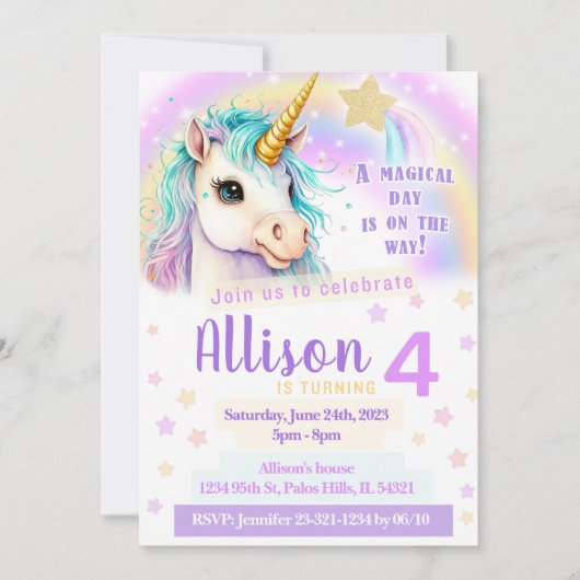 Unicorn regenboogroze verjaardaguitnodiging kaart (Voorkant)