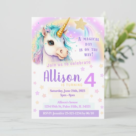 Unicorn regenboogroze verjaardaguitnodiging kaart (Staand voorkant)