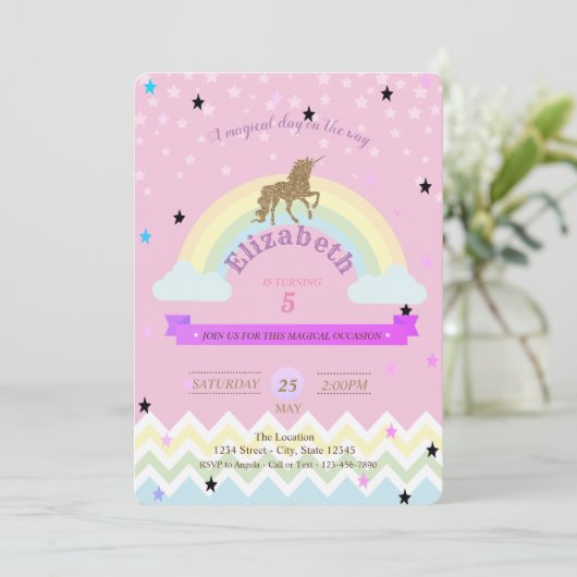 Unicorn, regenboogsterren, uitnodiging van Zigzag  (Staand voorkant)