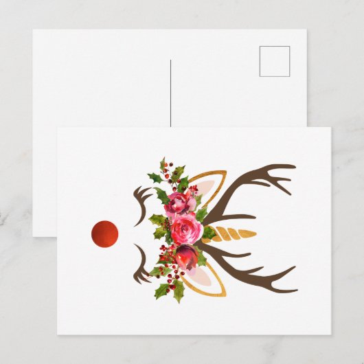 Unicorn Reindeer Antler / Kerstbloemen Feestdagenkaart (Voorkant / Achterkant)