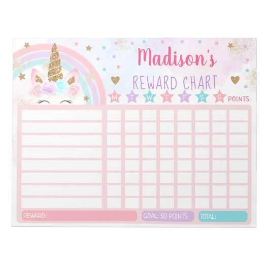 Unicorn Reward Chart Chore Pink Gold Rainbow Notitieblok (Voorkant)