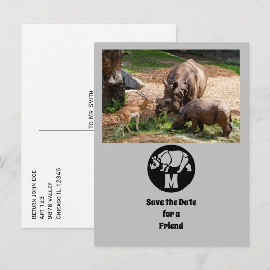 Unicorn Rhino Silhouette Monogram Uitnodiging Briefkaart (Voorkant / Achterkant)