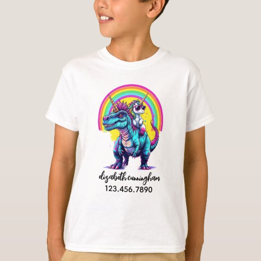 Unicorn Riding Dinosaur Rainbow Name school T-shirt (Voorkant)