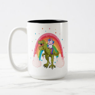 Unicorn Riding Dinosaur Tweekleurige Koffiemok