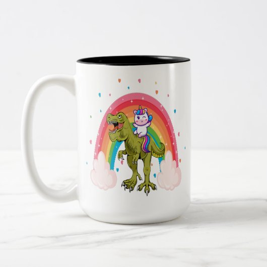 Unicorn Riding Dinosaur Tweekleurige Koffiemok (Links)