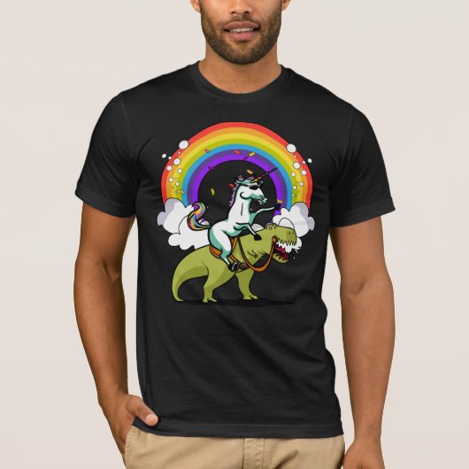 Unicorn Riding T-Rex Dinosaur Magische Regenboog T-shirt (Voorkant)