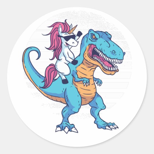 Unicorn Riding T-Rex Ronde Sticker (Voorkant)