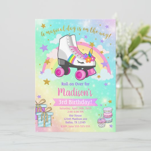 Unicorn Roller Schaats Birthday Uitnodiging (Staand voorkant)