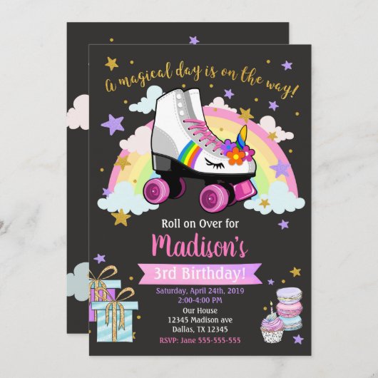 Unicorn Roller Schaats Verjaardagsuitnodiging Kaart (Voorkant / Achterkant)