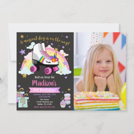 Unicorn Roller Skate Birthday Invitation Kaart (Voorkant)