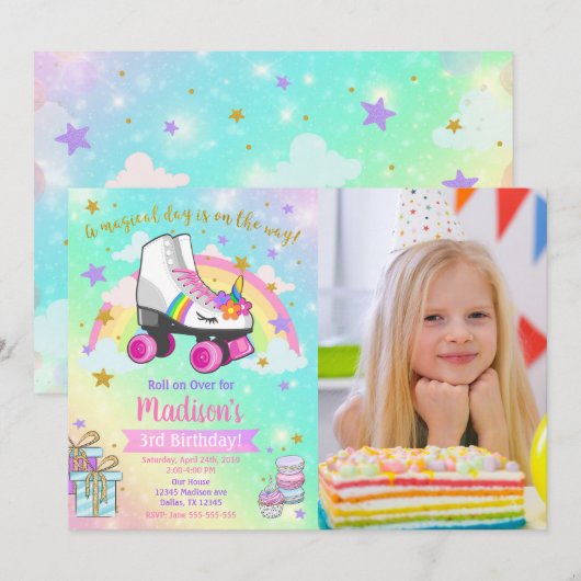 Unicorn Roller Skate Birthday Invitation Kaart (Voorkant / Achterkant)