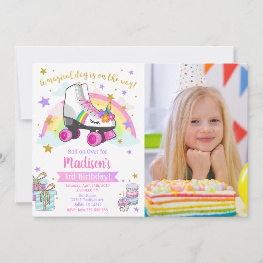 Unicorn Roller Skate Birthday Invitation Kaart (Voorkant)
