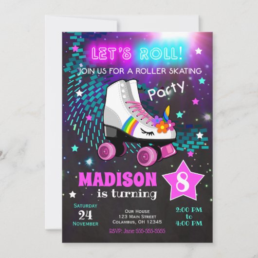 Unicorn Roller Skating Birthday Party Invitation Kaart (Voorkant)