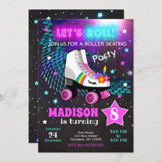 Unicorn Roller Skating Birthday Party Invitation Kaart (Voorkant / Achterkant)