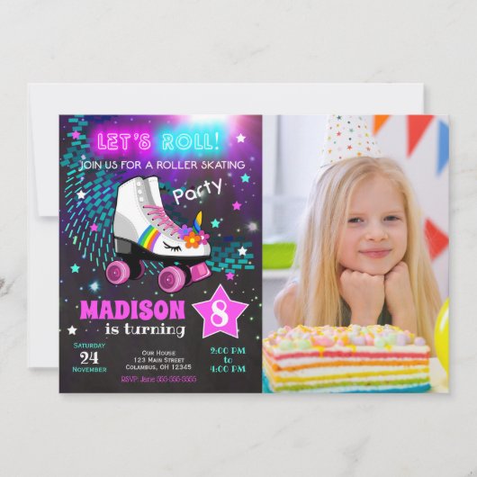 Unicorn Roller Skating Birthday Party Invitation Kaart (Voorkant)