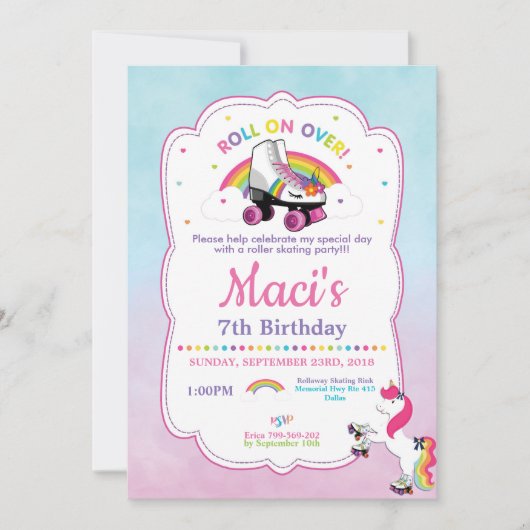 Unicorn Roller Skating Birthday Party Invitation Kaart (Voorkant)