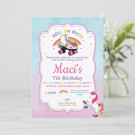 Unicorn Roller Skating Birthday Party Invitation Kaart (Staand voorkant)