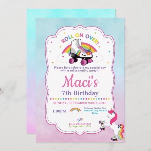 Unicorn Roller Skating Birthday Party Invitation Kaart (Voorkant / Achterkant)